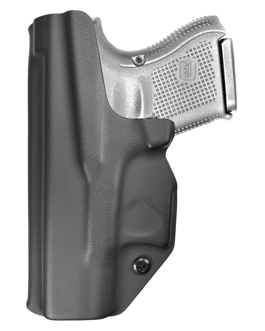 Coldre Kydex Cobra para Glock G26, porte interno (IWB), mao destro, cor preto, traseira.