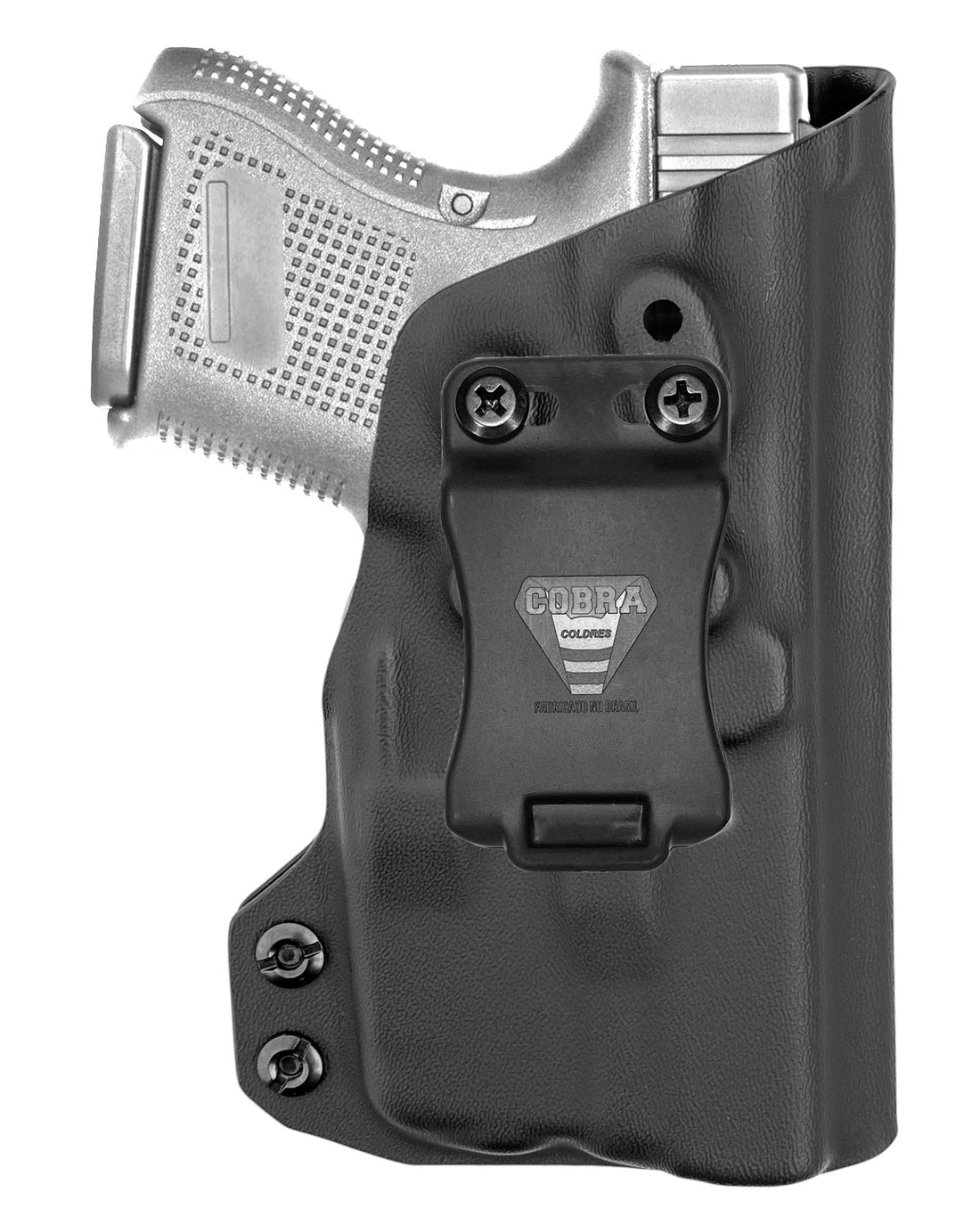 Coldre velado Cobra em Kydex moldado para pistola Glock com lanterna acoplada, vista frontal