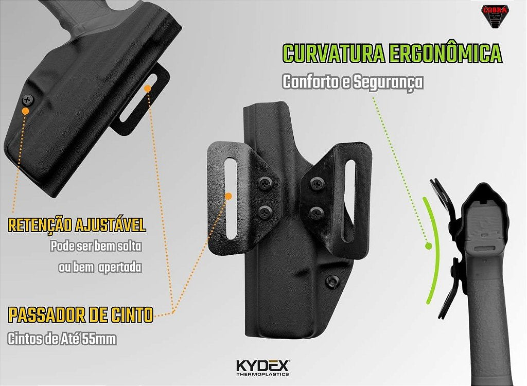 Detalhes do coldre ostensivo Cobra em Kydex: retenção ajustável por parafuso, passantes de cinto e curvatura do corpo.