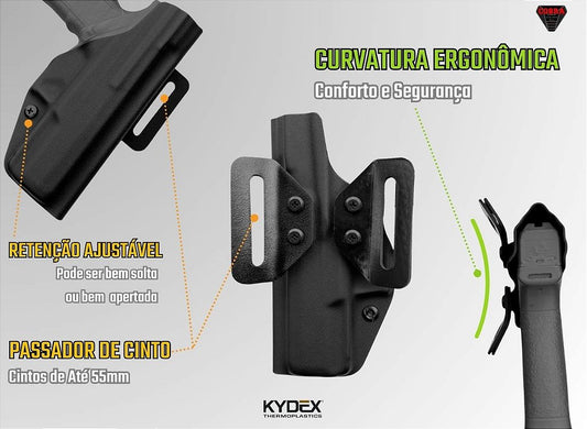 Detalhes do coldre ostensivo Cobra em Kydex: retenção ajustável por parafuso, passantes de cinto e curvatura do corpo.
