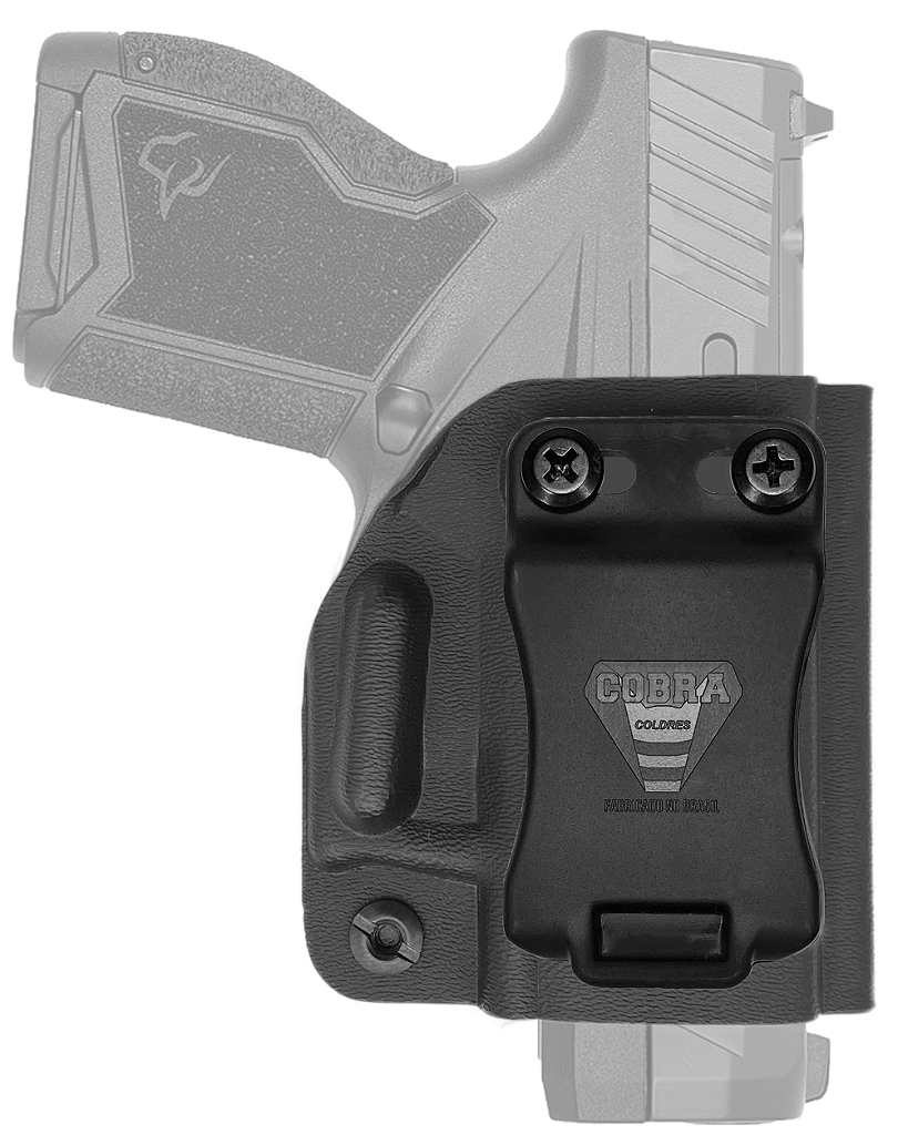 Mini coldre Kydex Cobra para Taurus GX4 Carry, porte interno (IWB), mao destro, cor preto, frente.