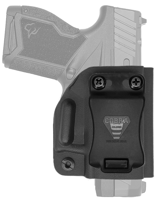 Mini coldre Kydex Cobra para Taurus GX4 Carry, porte interno (IWB), mao destro, cor preto, frente.
