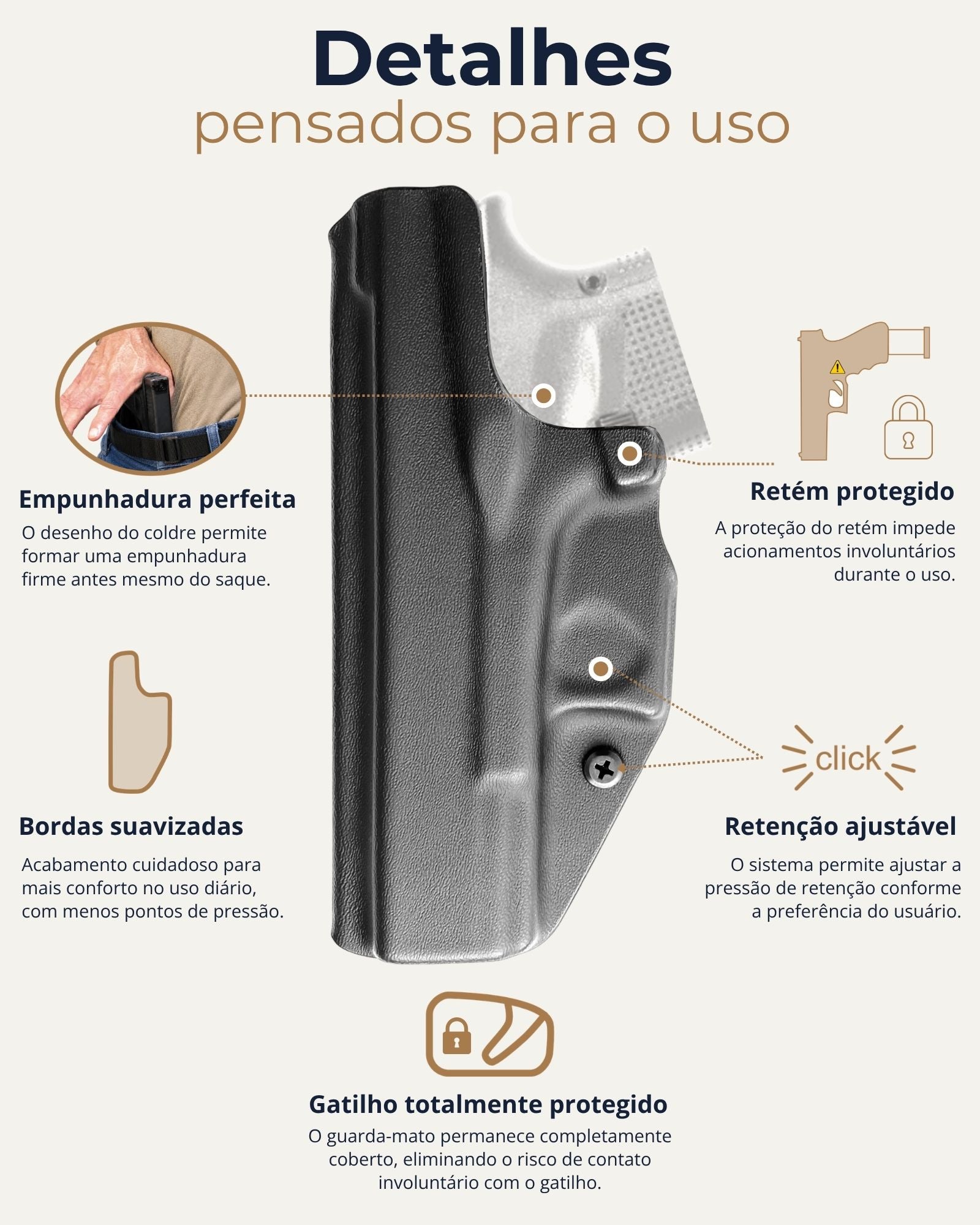 Detalhes pensados para o uso do coldre velado Cobra Coldres