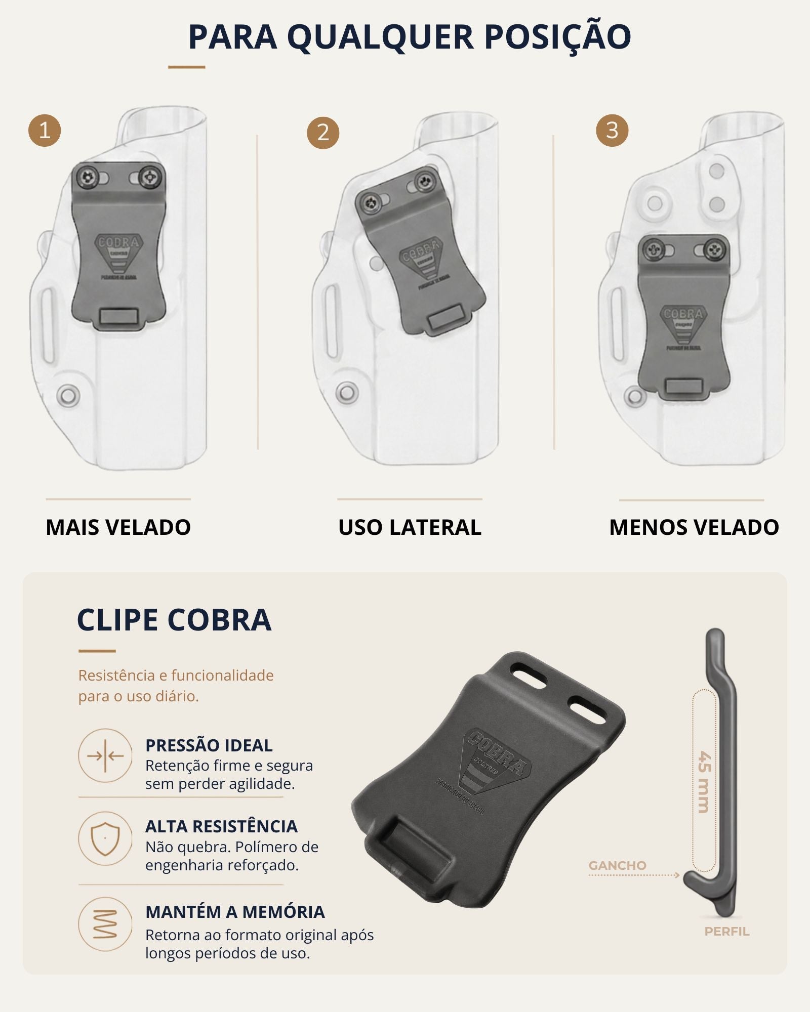 [card:B1] Clipe Cobra: porte em qualquer posição, três ajustes