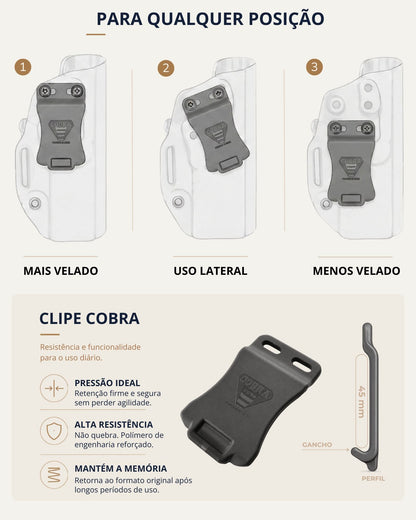 [card:B1] Clipe Cobra: porte em qualquer posição, três ajustes