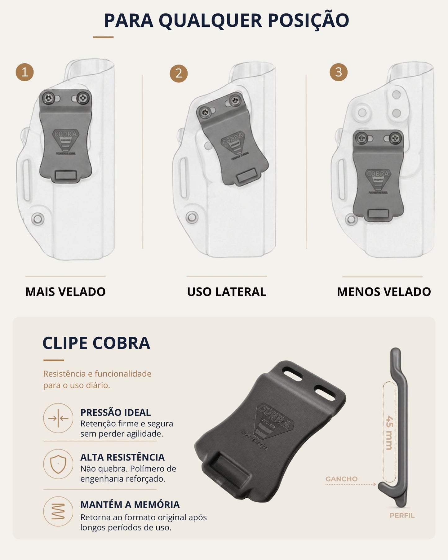 Clipe Cobra: porte em qualquer posicao, tres ajustes