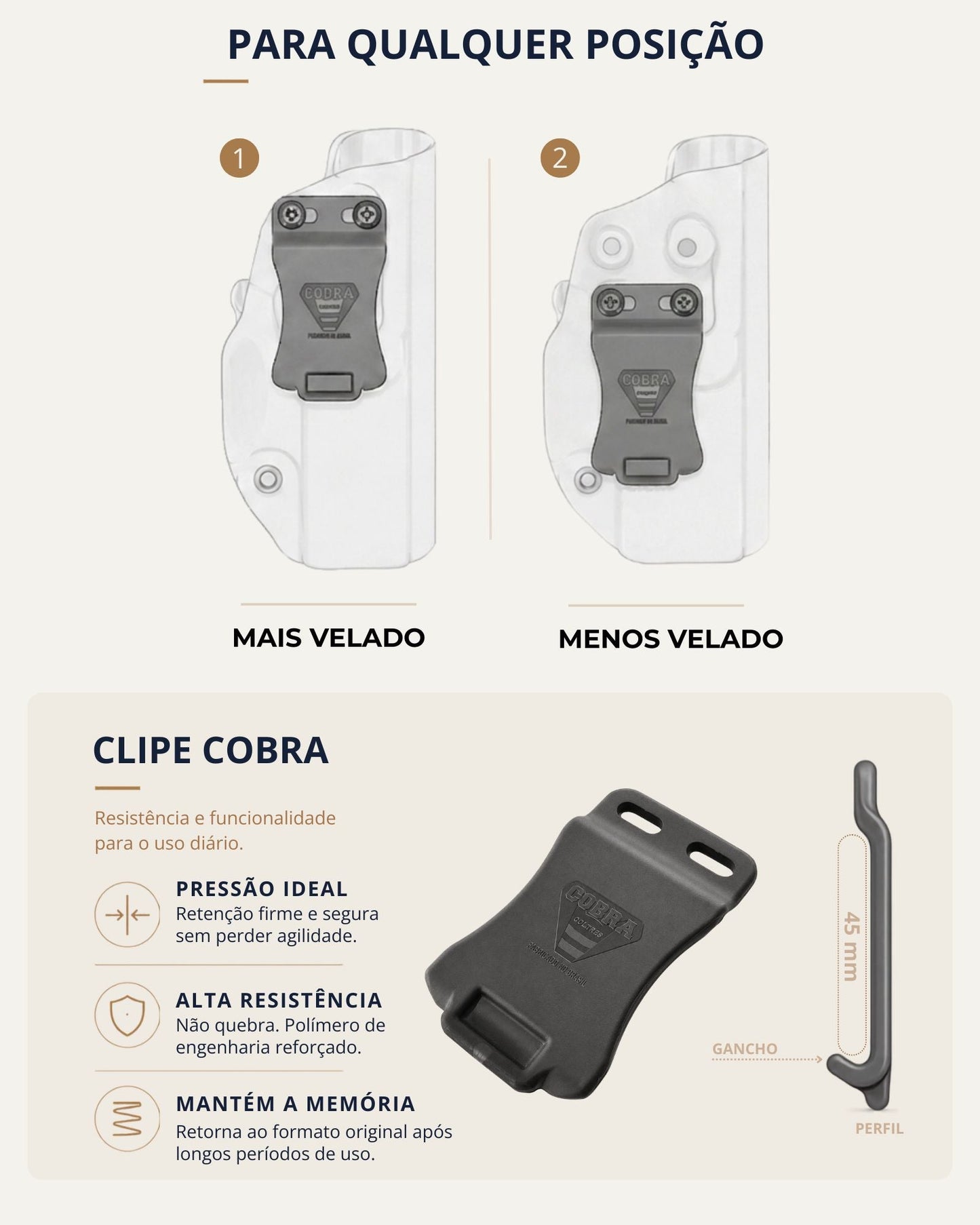 [card:B2] Clipe Cobra: porte em qualquer posição, dois ajustes