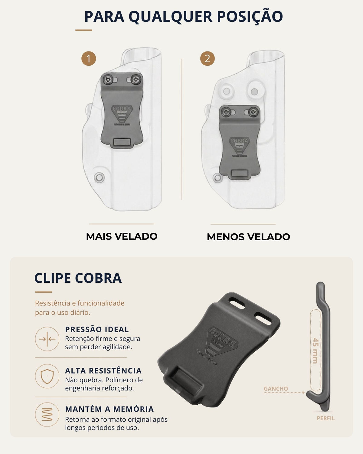 [card:B2] Clipe Cobra: porte em qualquer posição, dois ajustes