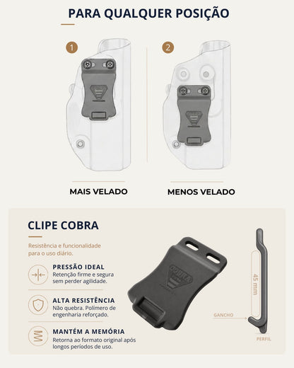 [card:B2] Clipe Cobra: porte em qualquer posição, dois ajustes
