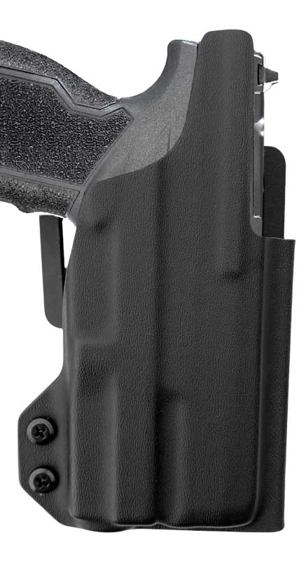 Coldre Kydex Cobra para Taurus GX4 Carry, porte externo (OWB), com lanterna TrustFire GM23, frente.