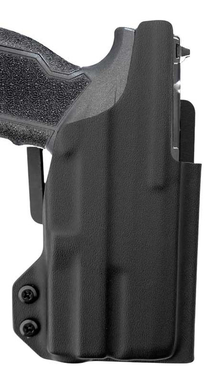 Coldre Kydex Cobra para Taurus GX4 Carry, porte externo (OWB), com lanterna TrustFire GM23, frente.