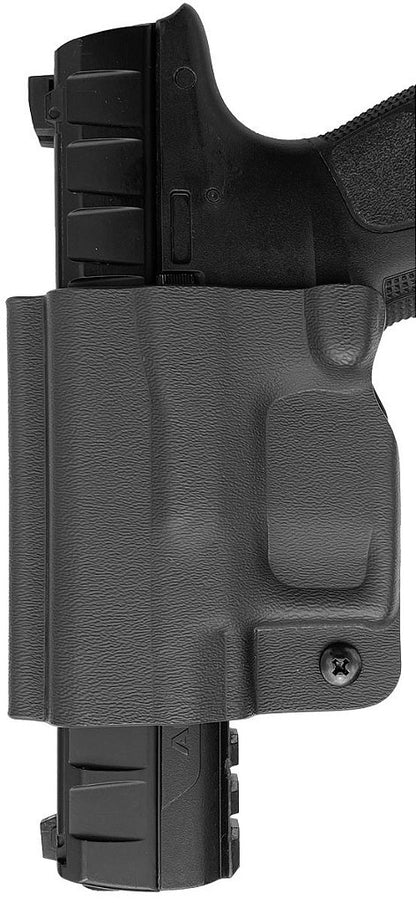 Mini coldre Kydex Cobra para Beretta APX, porte interno (IWB), mao destro, cor preto, frente.