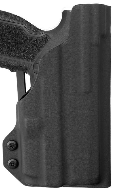 Coldre Kydex Cobra para Taurus GX4 Carry, porte externo (OWB), com lanterna Olight Baldr Mini, frente.