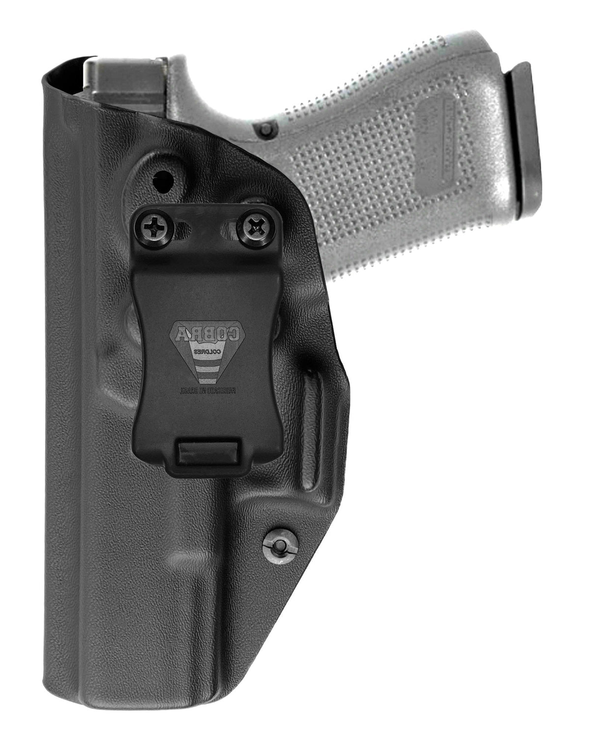 Coldre Kydex Cobra para Glock G23 Gen 5, porte interno (IWB), mao canhoto, cor preto, frente.