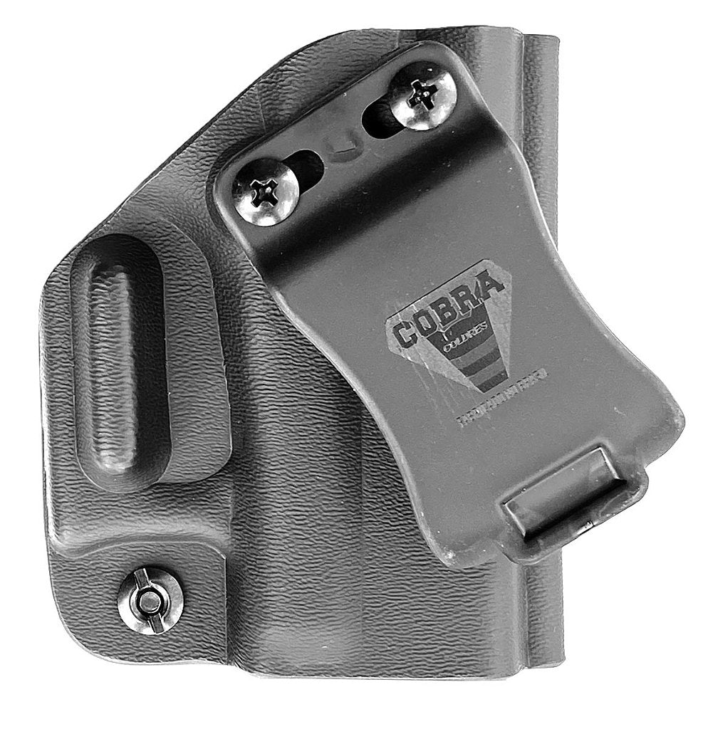 Mini coldre Kydex Cobra para Glock G19, porte interno (IWB), mao destro, cor preto, frente.