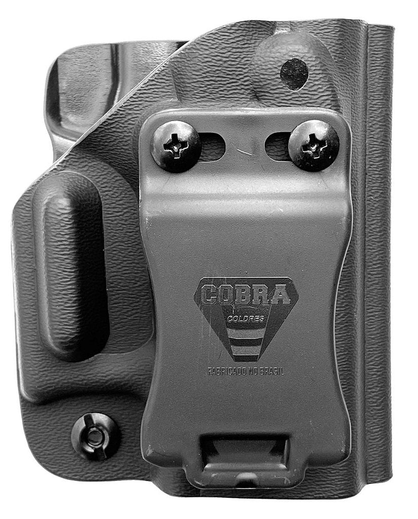Mini coldre Kydex Cobra para Glock G19, porte interno (IWB), mao destro, cor preto, traseira.