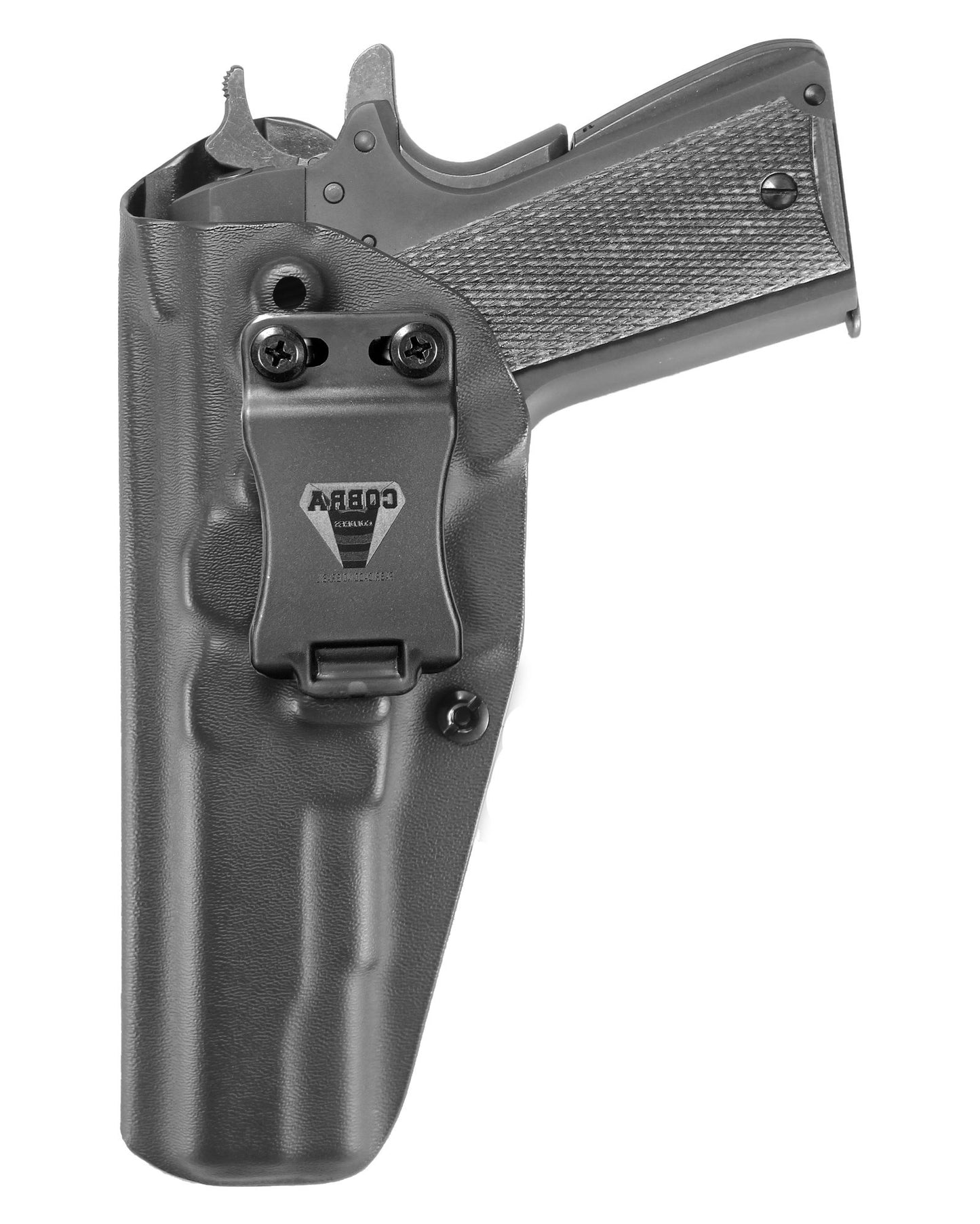 Coldre Kydex Cobra para Full, porte interno (IWB), mao canhoto, cor preto, frente.