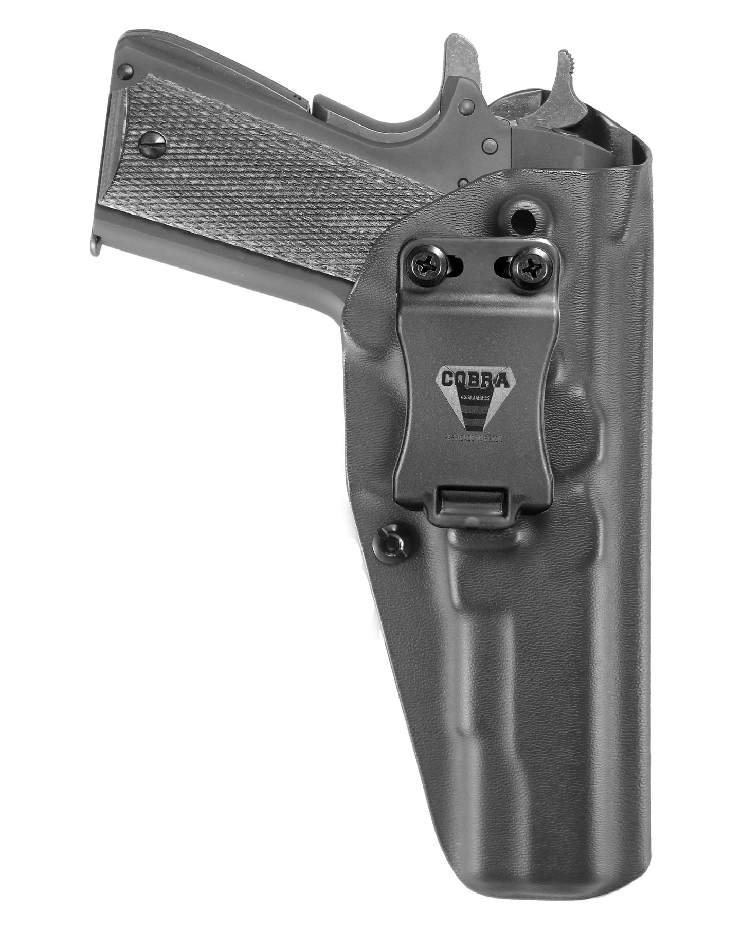 Coldre Kydex Cobra para Full, porte interno (IWB), mao destro, cor preto, frente.