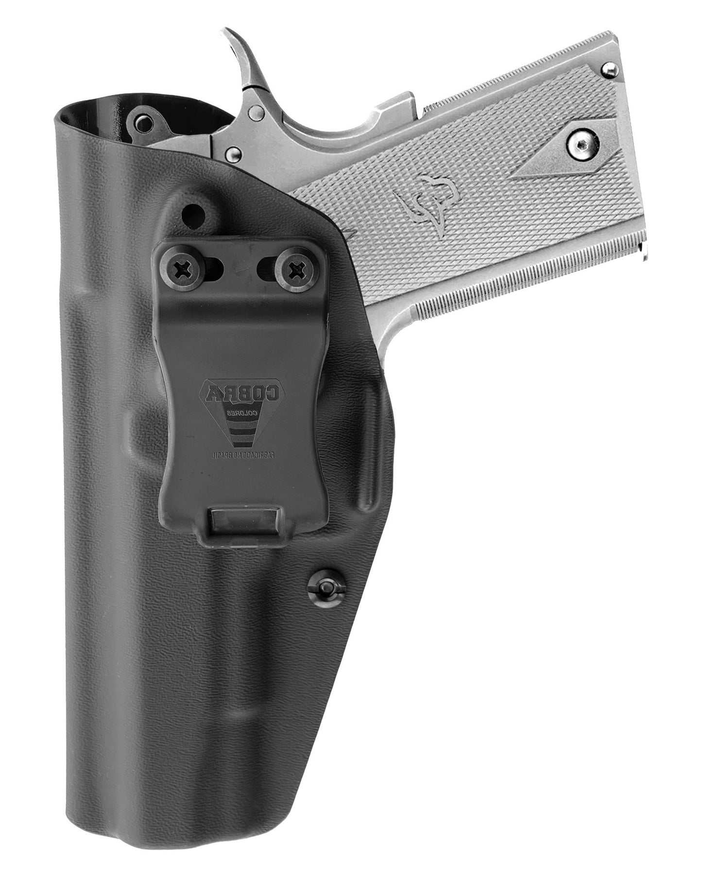 Coldre Kydex Cobra para Commander, porte interno (IWB), mao canhoto, cor preto, frente.