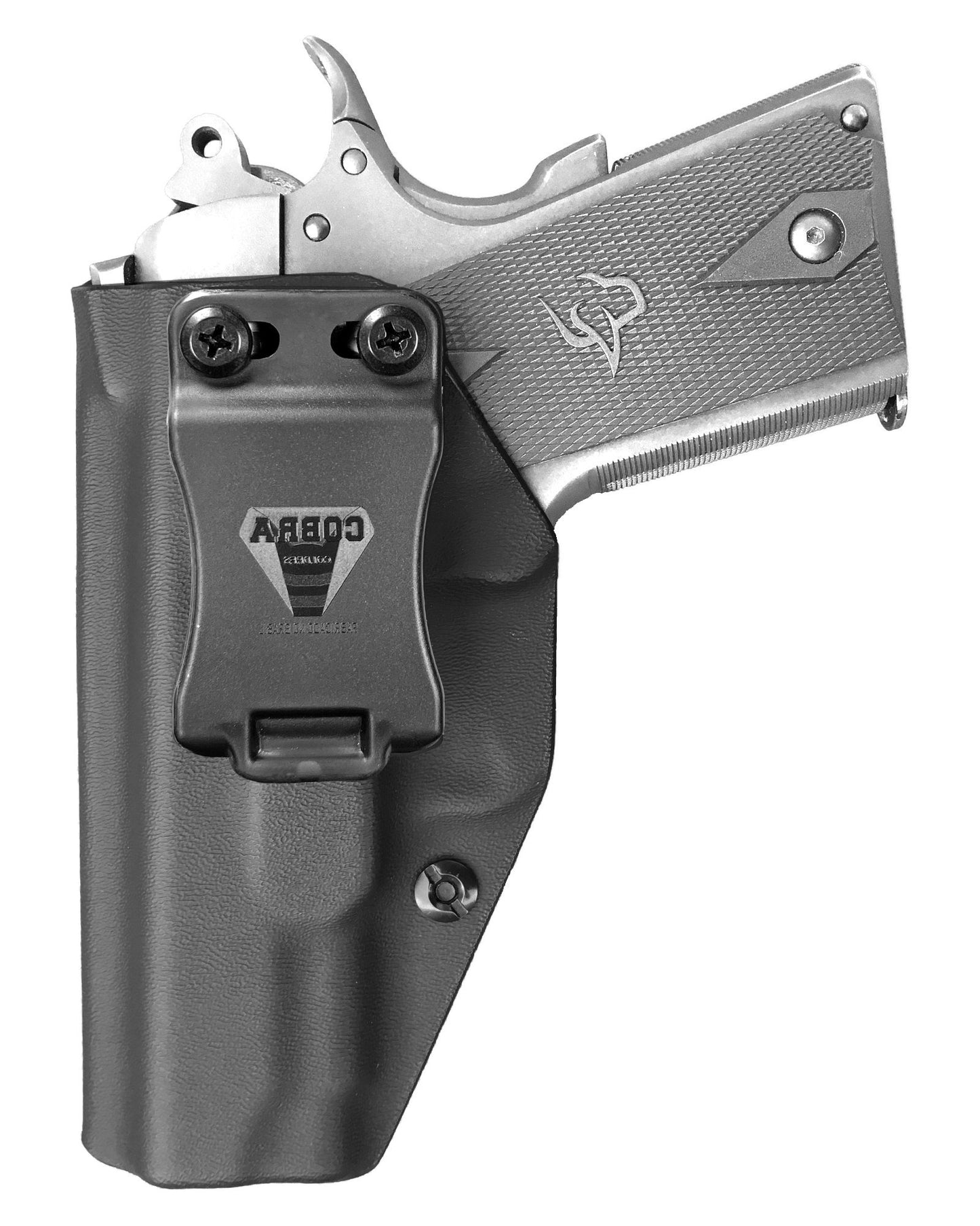 Coldre Kydex Cobra para Officer, porte interno (IWB), mao canhoto, cor preto, frente.