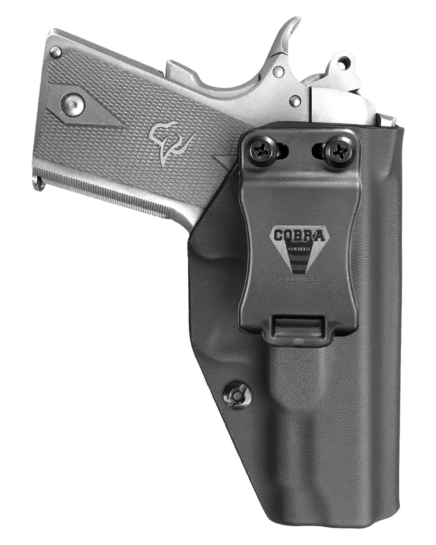 Coldre Kydex Cobra para Officer, porte interno (IWB), mao destro, cor preto, frente.