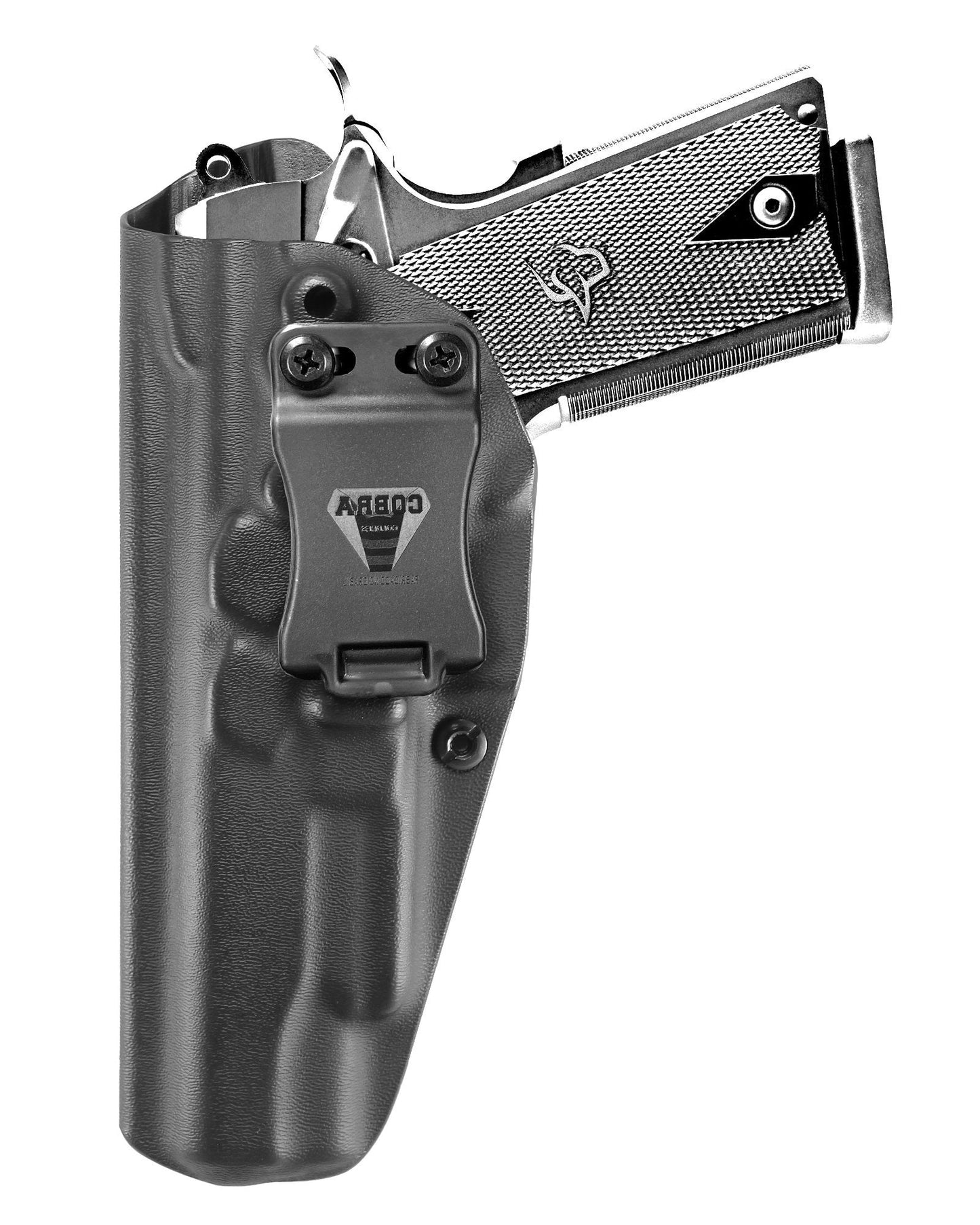 Coldre Kydex Cobra para Full, porte interno (IWB), mao canhoto, cor preto, frente.