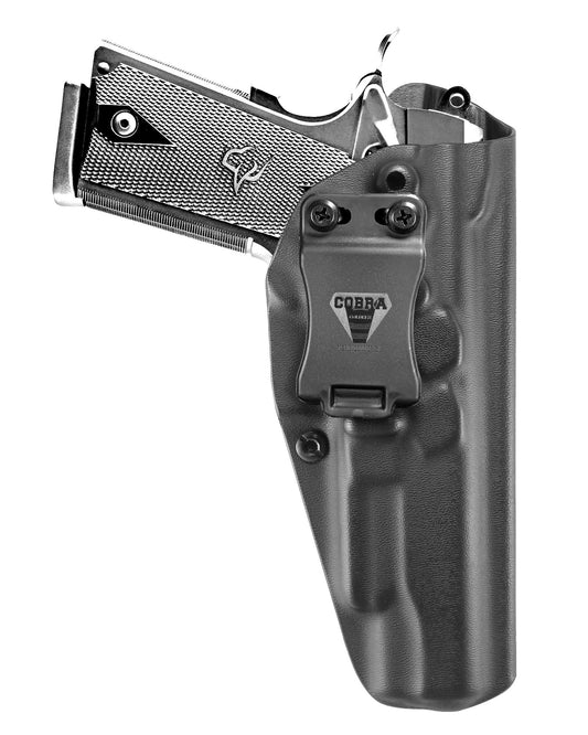 Coldre Kydex Cobra para Full, porte interno (IWB), mao destro, cor preto, frente.