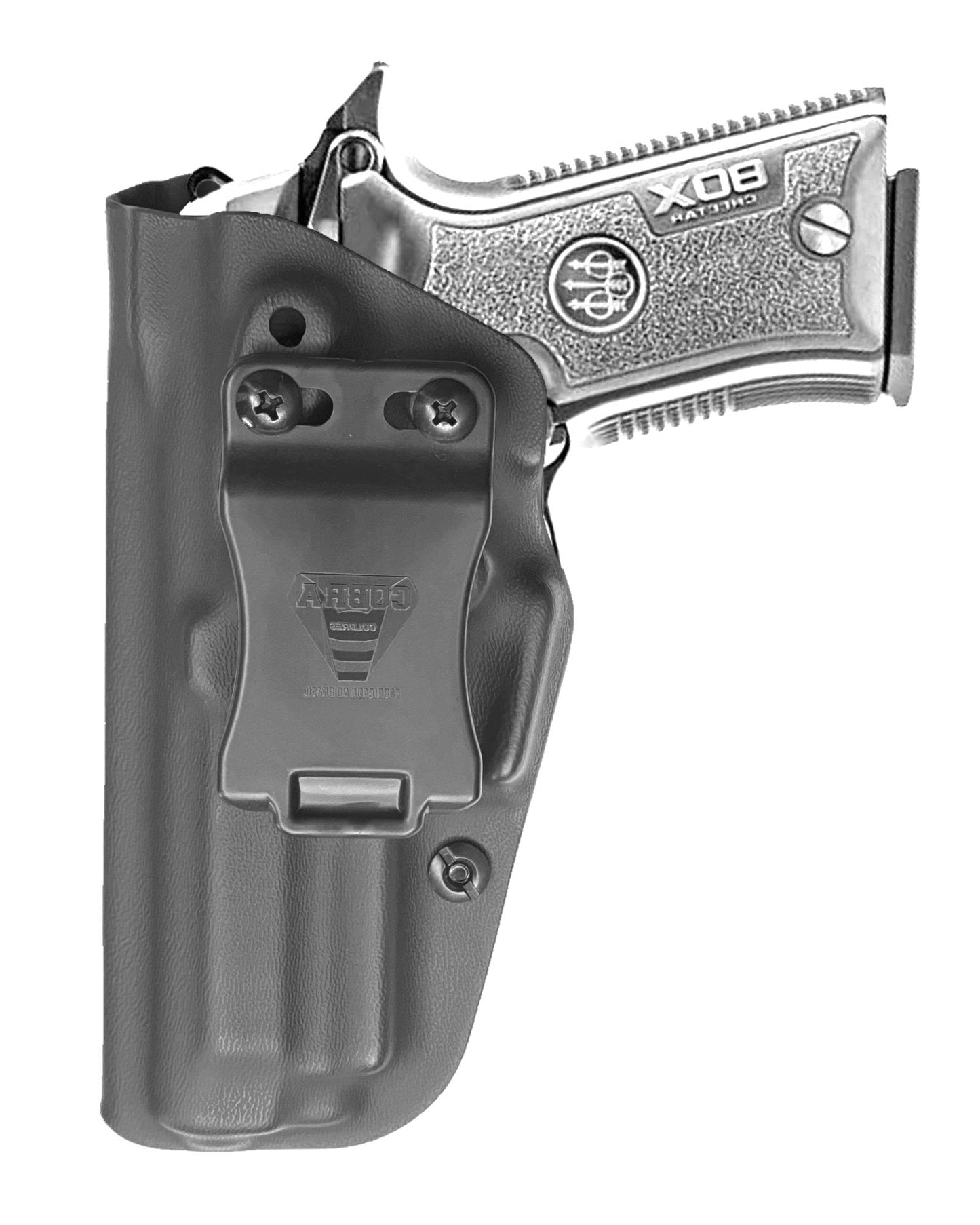 Coldre Kydex Cobra para Beretta 80X Cheetah, porte interno (IWB), mao canhoto, cor preto, frente.