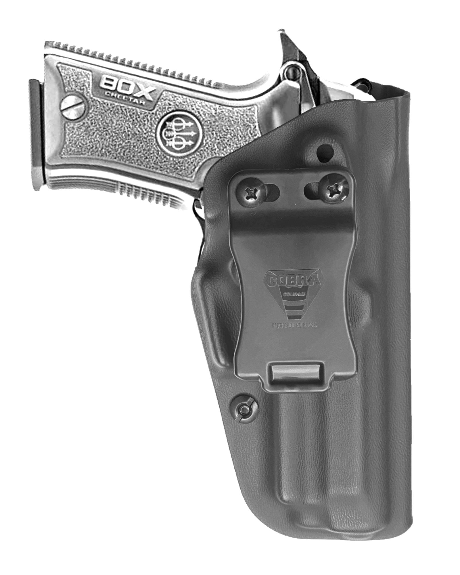 Coldre Kydex Cobra para Beretta 80X Cheetah, porte interno (IWB), mao destro, cor preto, frente.