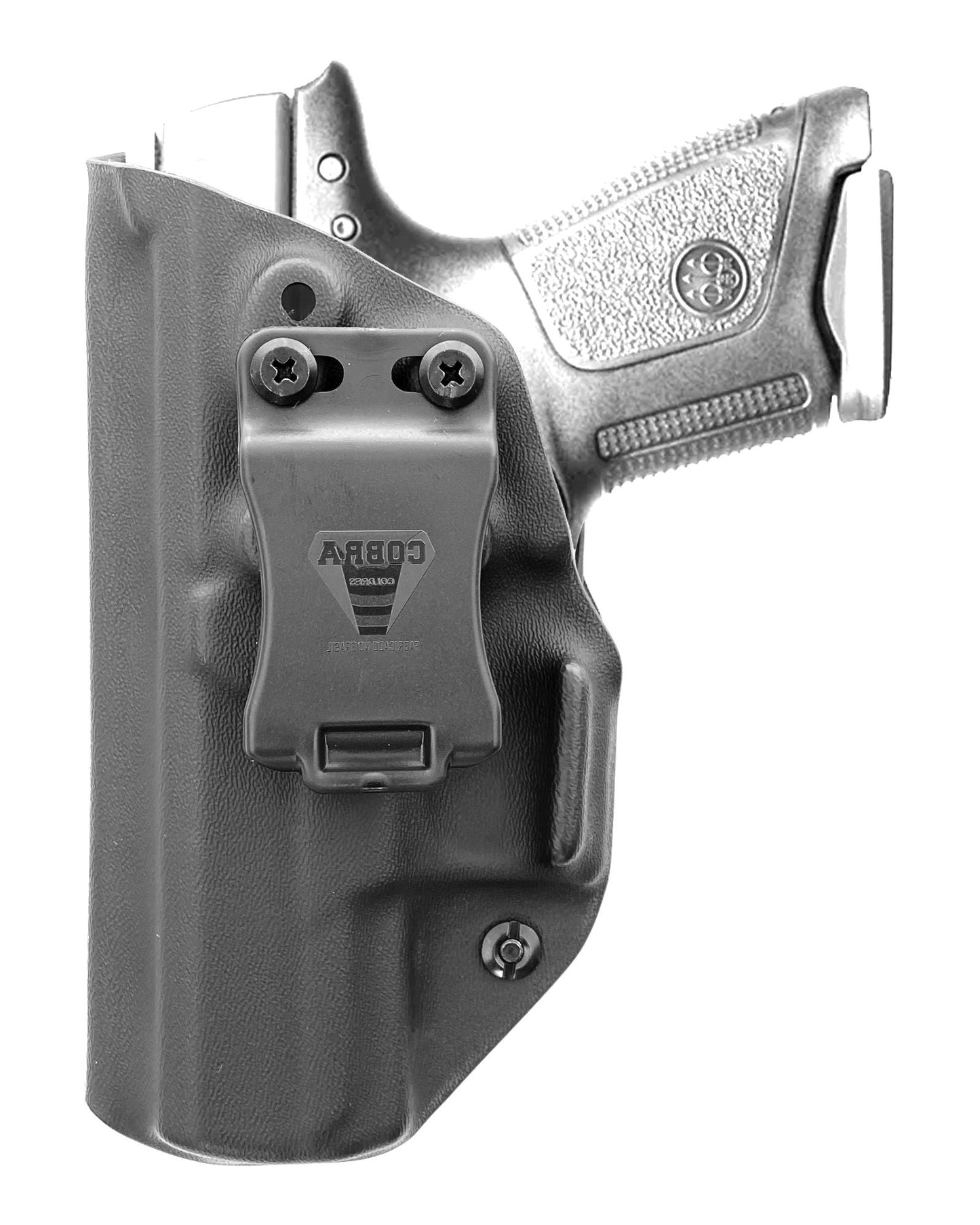 Coldre Kydex Cobra para Beretta APX Compacta, porte interno (IWB), mao canhoto, cor preto, frente.