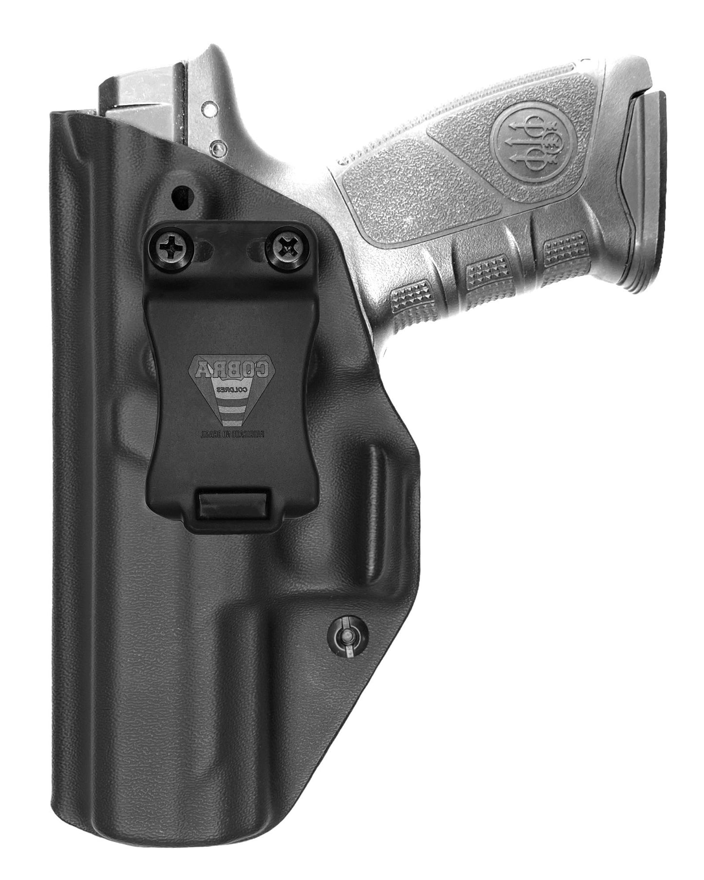 Coldre Kydex Cobra para Beretta APX, porte interno (IWB), mao canhoto, cor preto, frente.