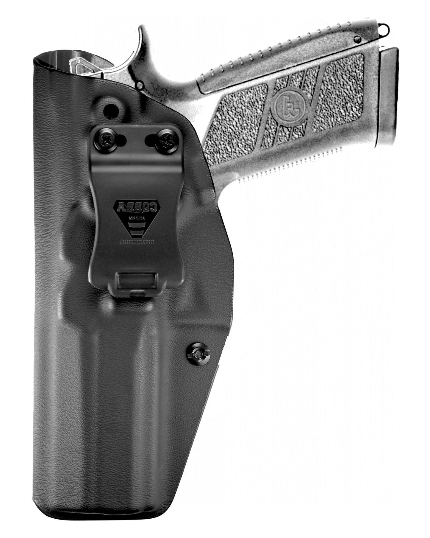 Coldre Kydex Cobra para CZ P-09, porte interno (IWB), mao canhoto, cor preto, frente.