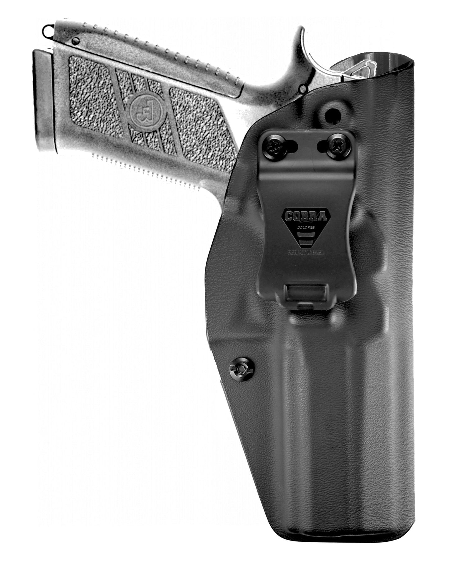 Coldre Kydex Cobra para CZ P-09, porte interno (IWB), mao destro, cor preto, frente.