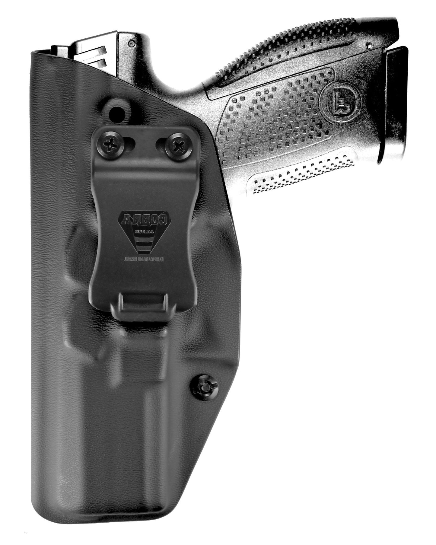Coldre Kydex Cobra para CZ P-10 C, porte interno (IWB), mao canhoto, cor preto, frente.