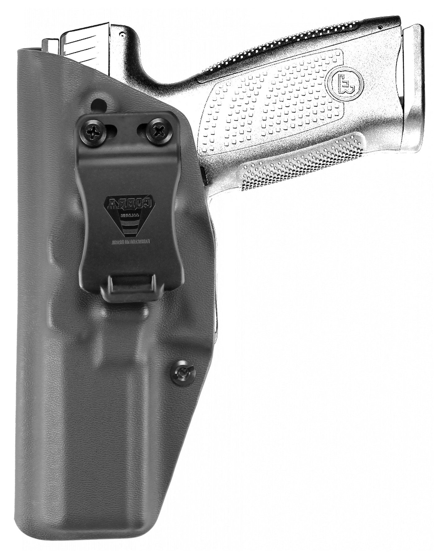 Coldre Kydex Cobra para CZ P-10 F, porte interno (IWB), mao canhoto, cor preto, frente.