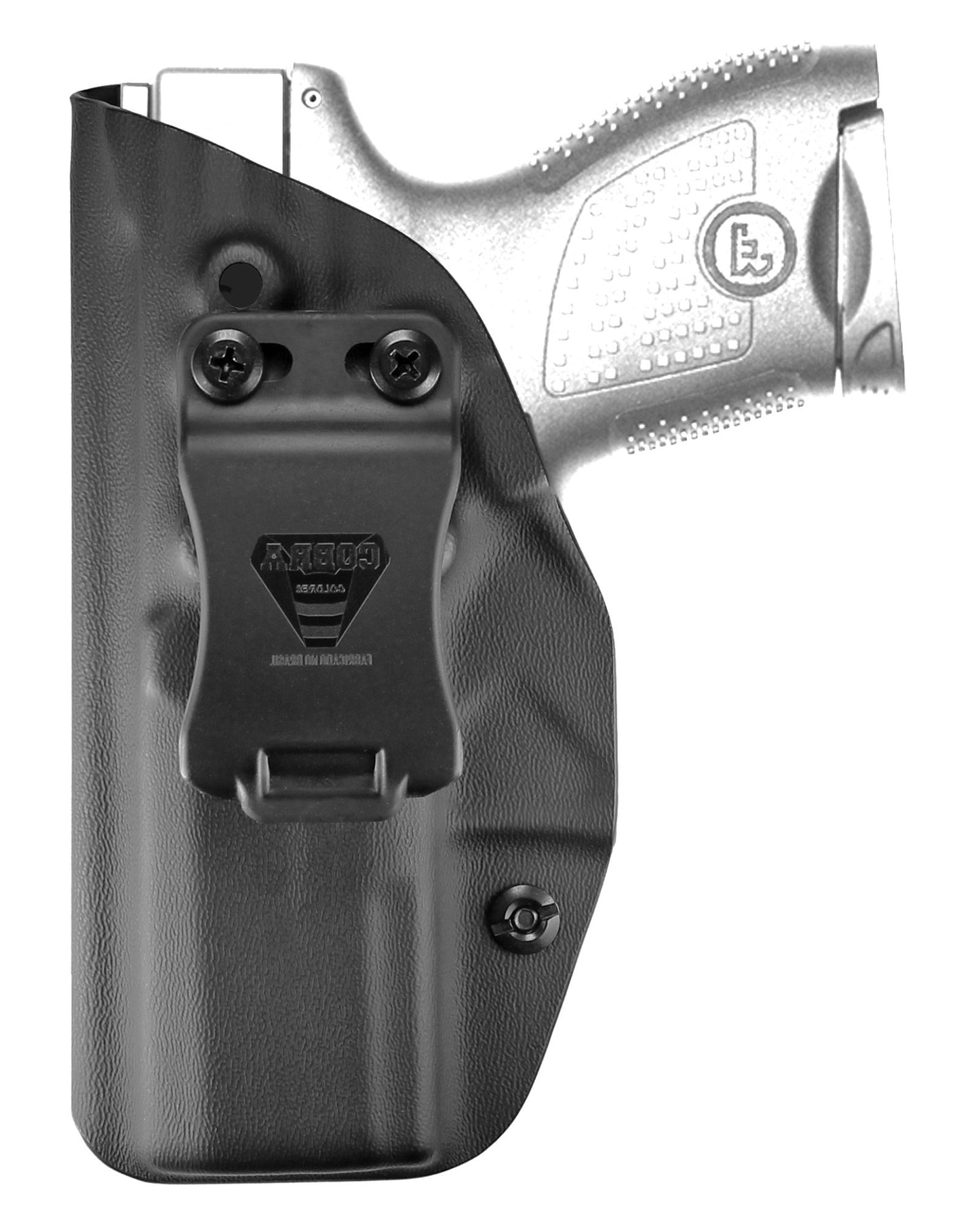 Coldre Kydex Cobra para CZ P-10 M, porte interno (IWB), mao canhoto, cor preto, frente.
