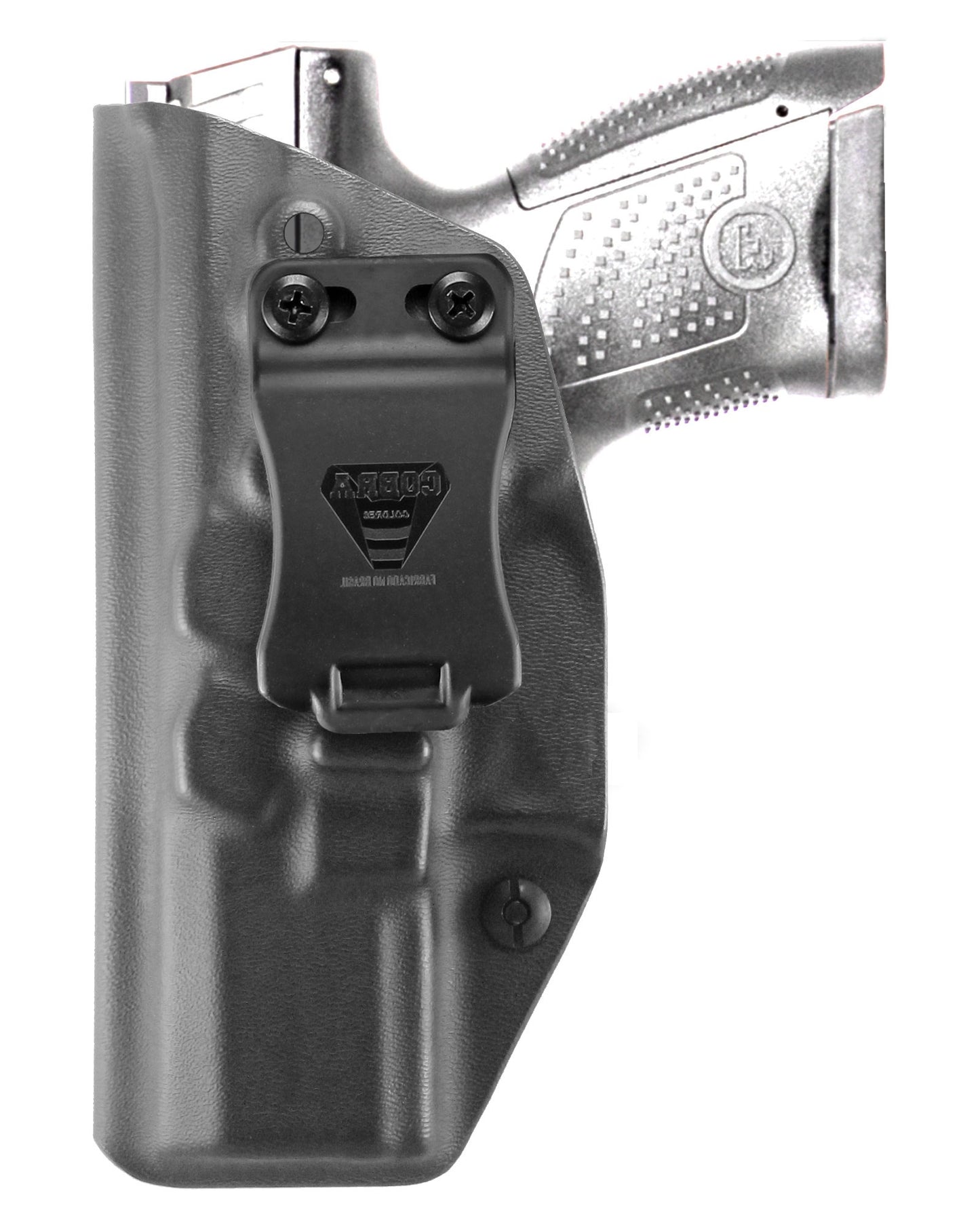 Coldre Kydex Cobra para CZ P-10 S, porte interno (IWB), mao canhoto, cor preto, frente.