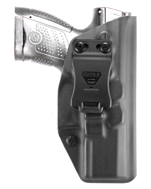 Coldre Kydex Cobra para CZ P-10 S, porte interno (IWB), mao destro, cor preto, frente.