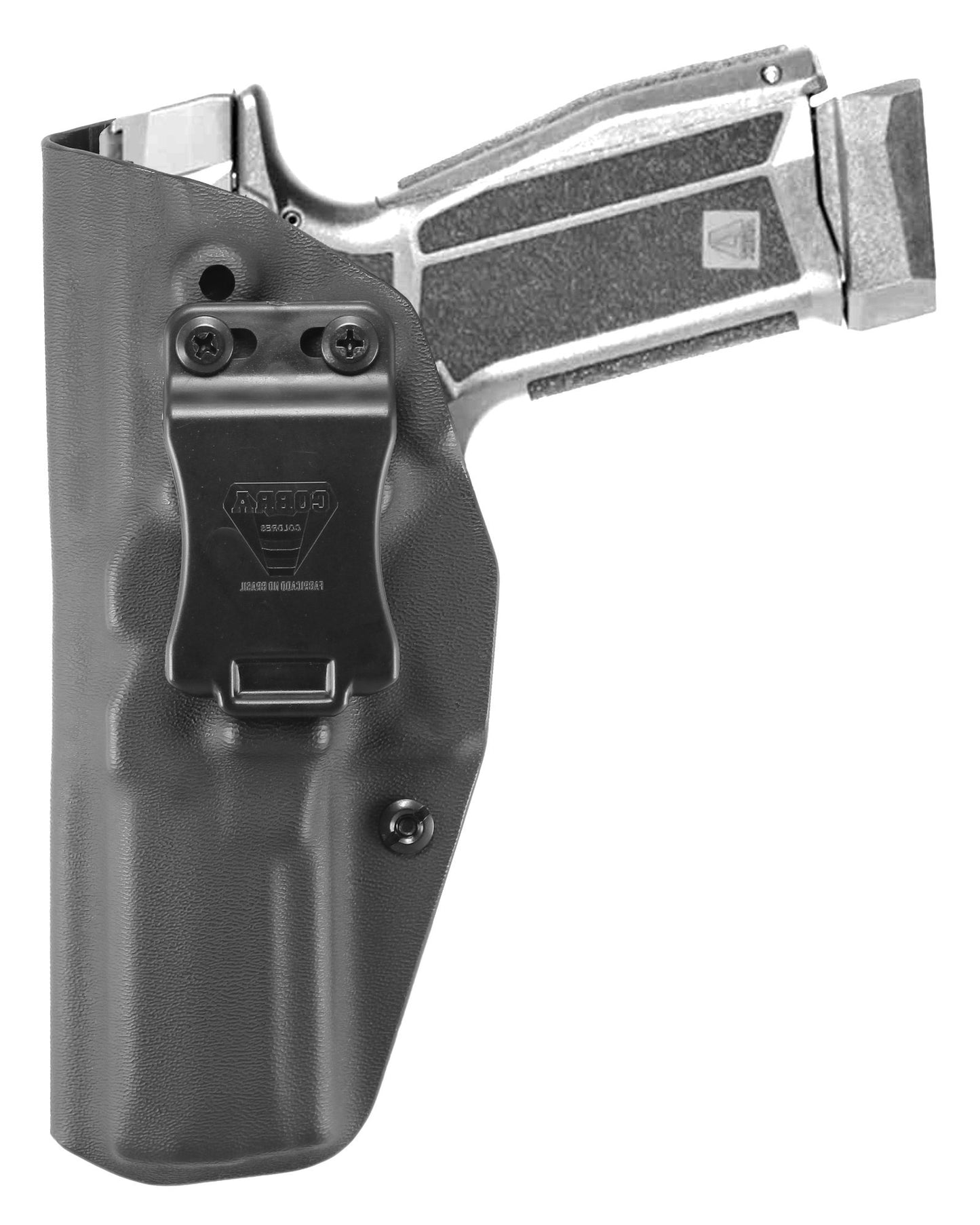 Coldre Kydex Cobra para Delta L, porte interno (IWB), mao canhoto, cor preto, frente.