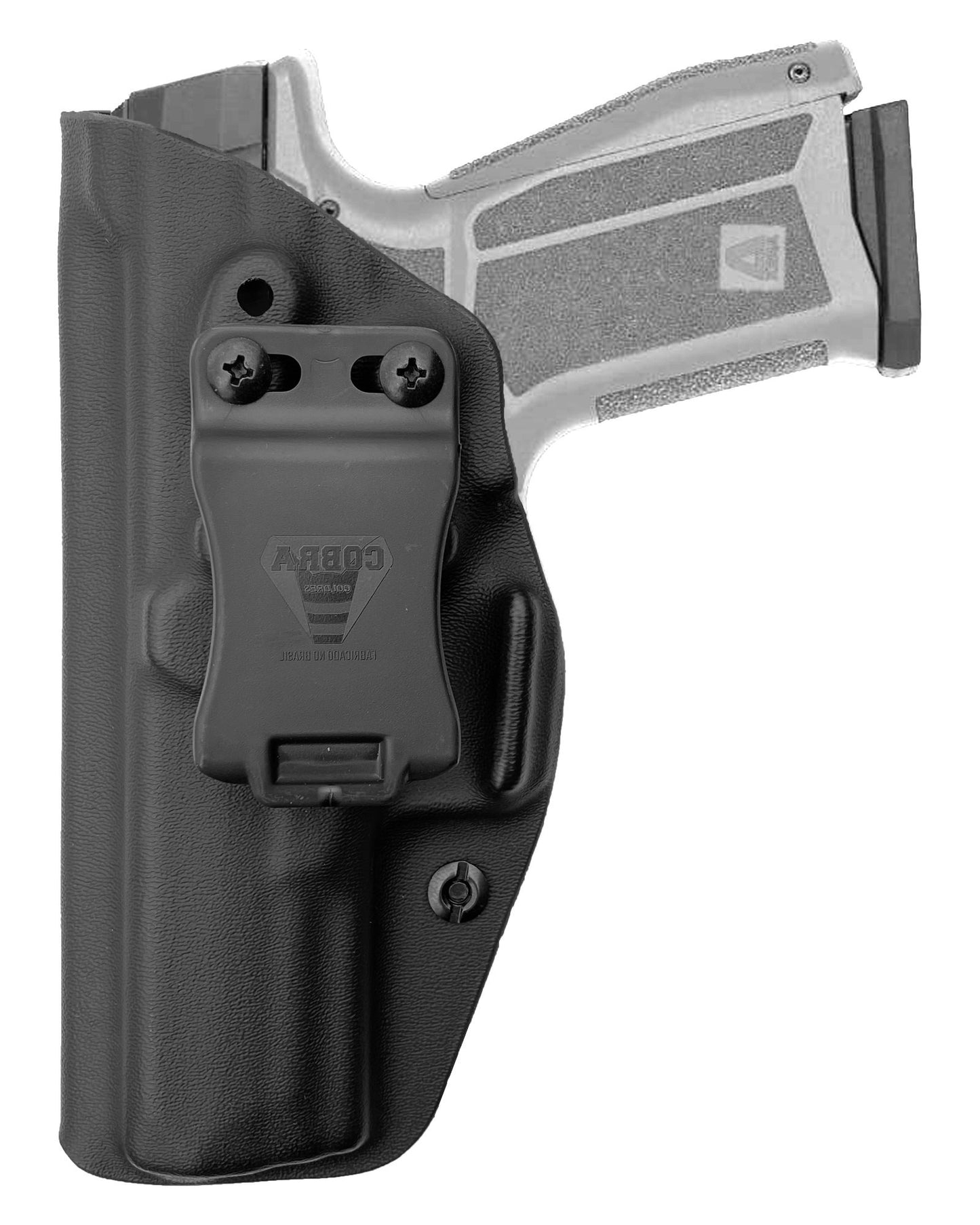 Coldre Kydex Cobra para Delta M, porte interno (IWB), mao canhoto, cor preto, frente.