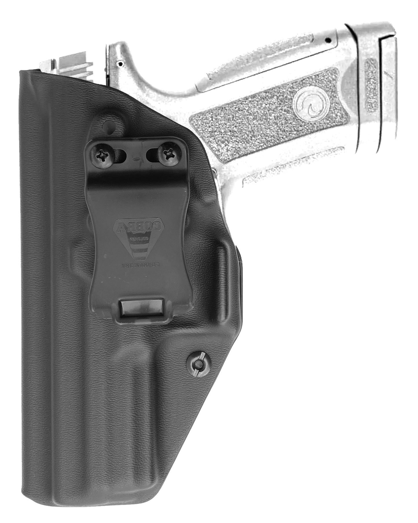 Coldre Kydex Cobra para Girsan MC9, porte interno (IWB), mao canhoto, cor preto, frente.