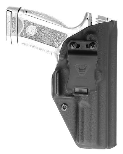 Coldre Kydex Cobra para Girsan MC9, porte interno (IWB), mao destro, cor preto, frente.