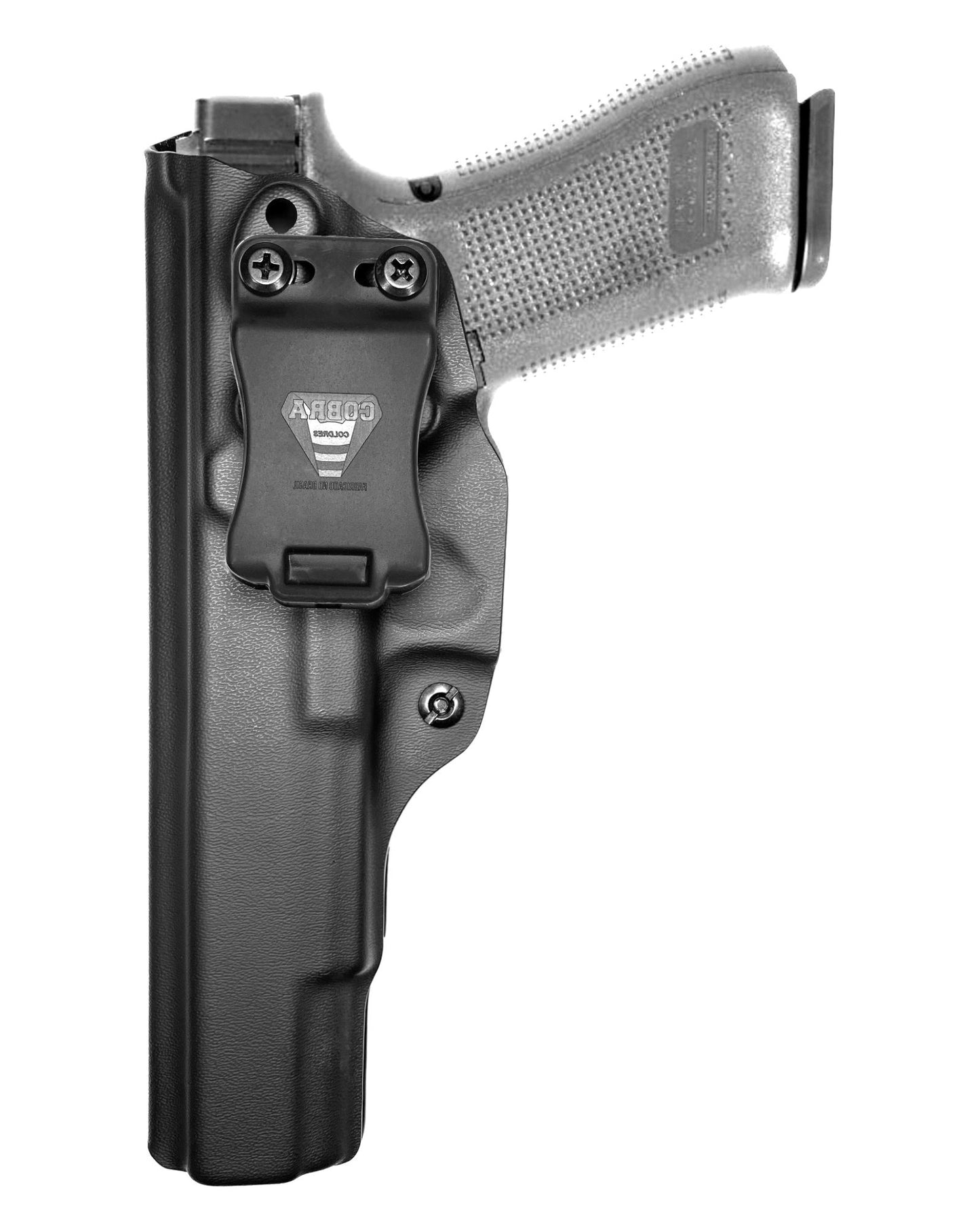 Coldre Kydex Cobra para Glock G17L, porte interno (IWB), mao canhoto, cor preto, frente.