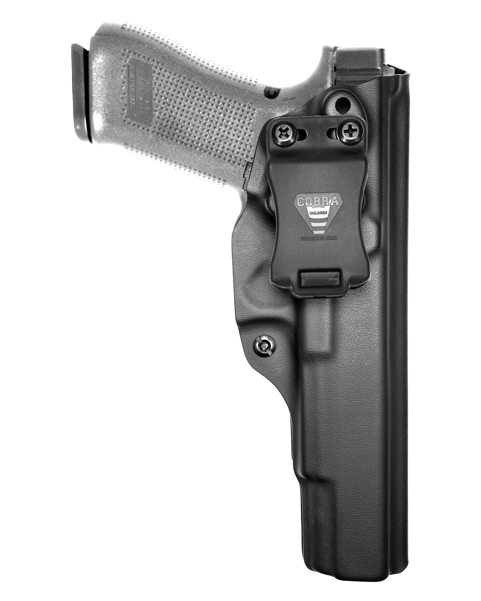 Coldre Kydex Cobra para Glock G17L, porte interno (IWB), mao destro, cor preto, frente.