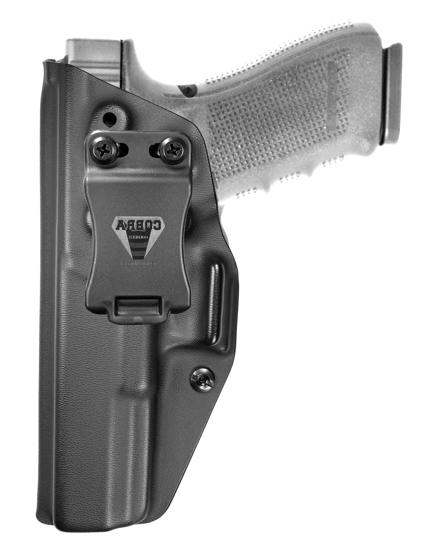 Coldre Kydex Cobra para Glock G21, porte interno (IWB), mao canhoto, cor preto, frente.