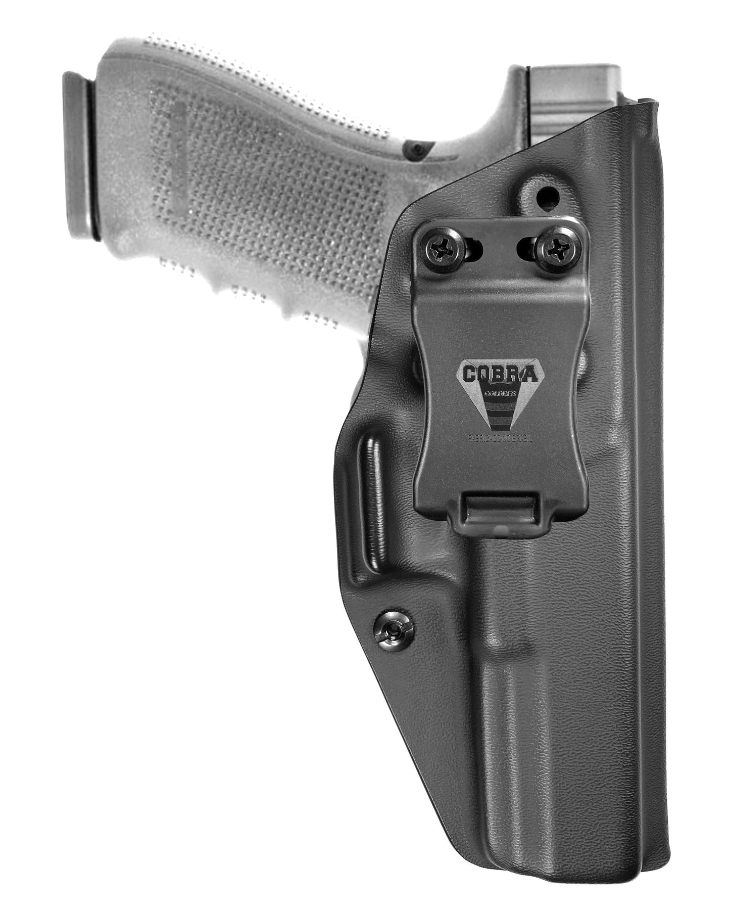 Coldre Kydex Cobra para Glock G21, porte interno (IWB), mao destro, cor preto, frente.