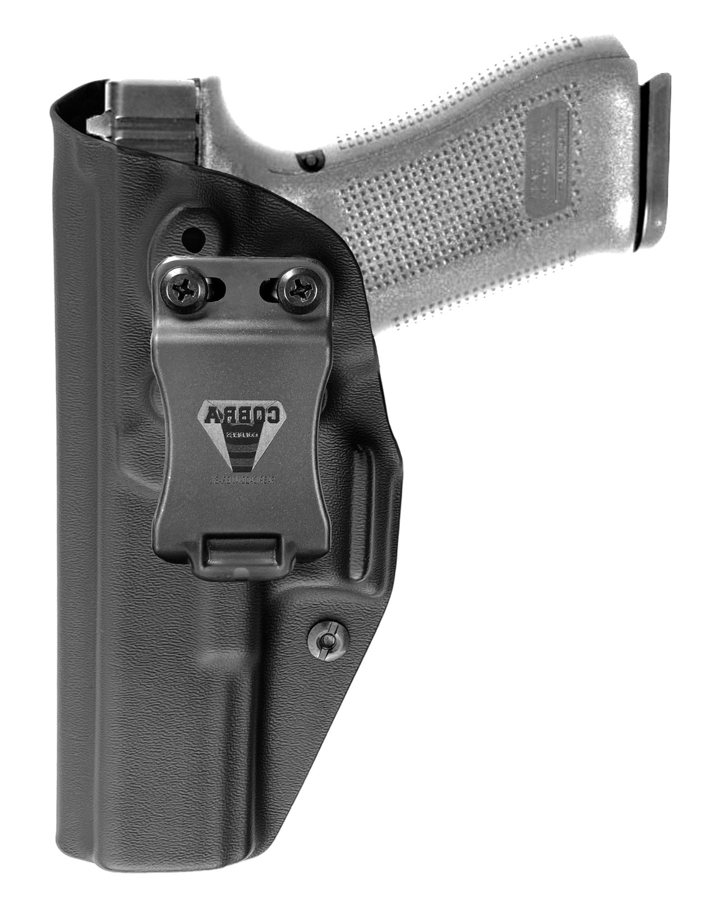 Coldre Kydex Cobra para Glock G22 Gen 5, porte interno (IWB), mao canhoto, cor preto, frente.