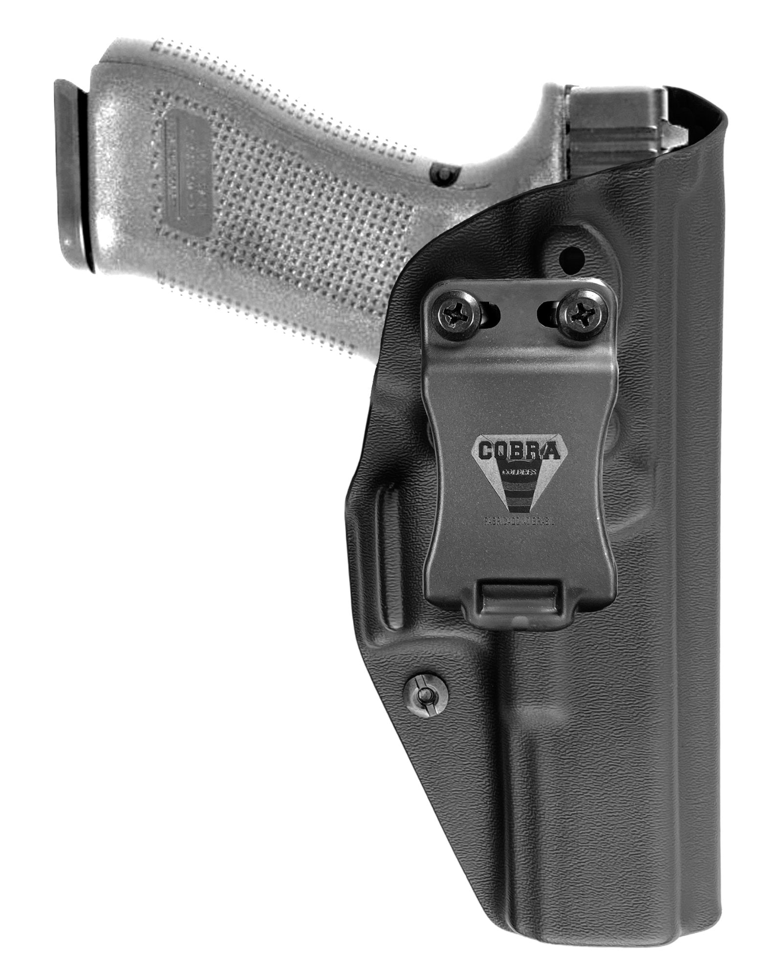 Coldre Kydex Cobra para Glock G22 Gen 5, porte interno (IWB), mao destro, cor preto, frente.