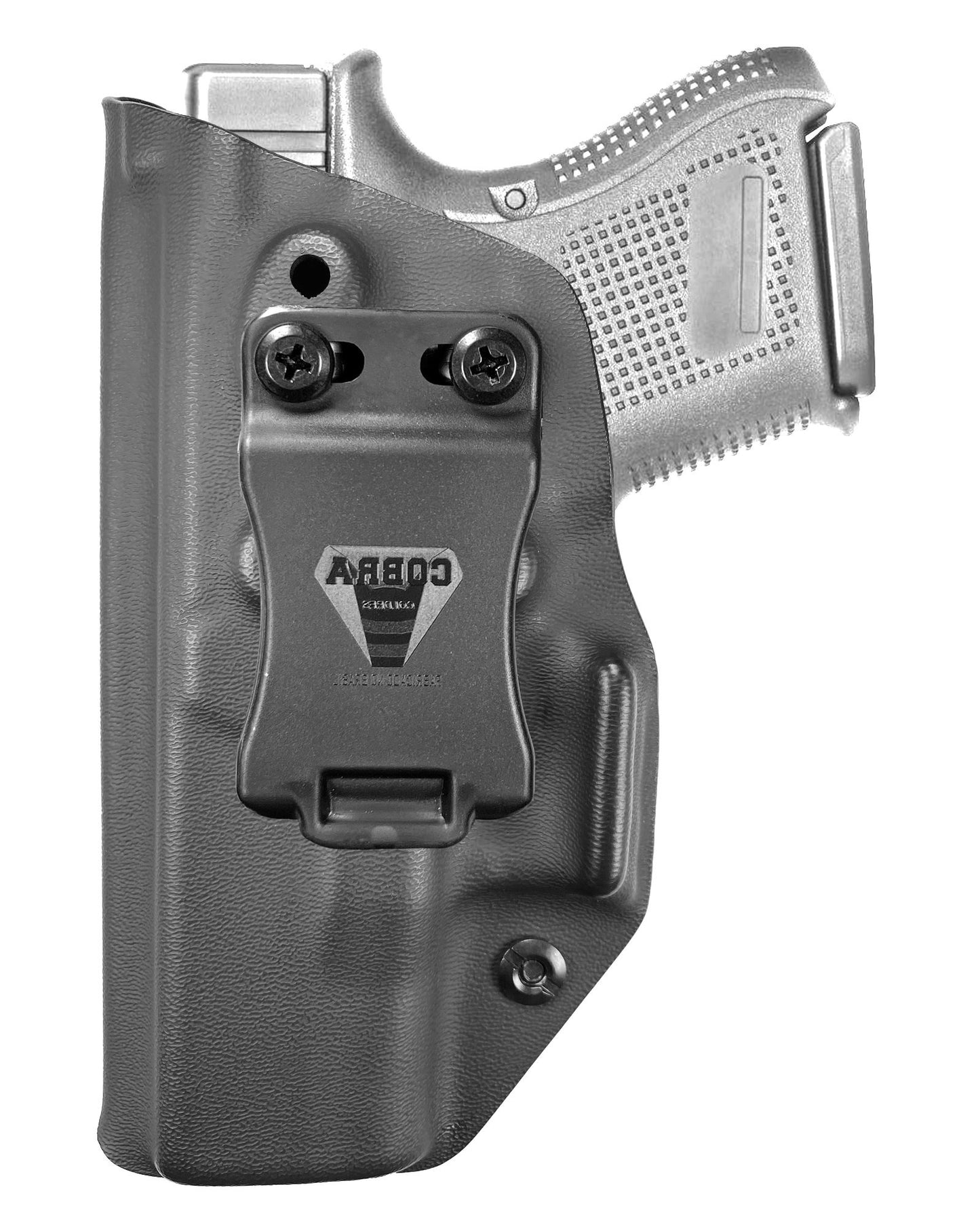 Coldre Kydex Cobra para Glock G26, porte interno (IWB), mao canhoto, cor preto, frente.
