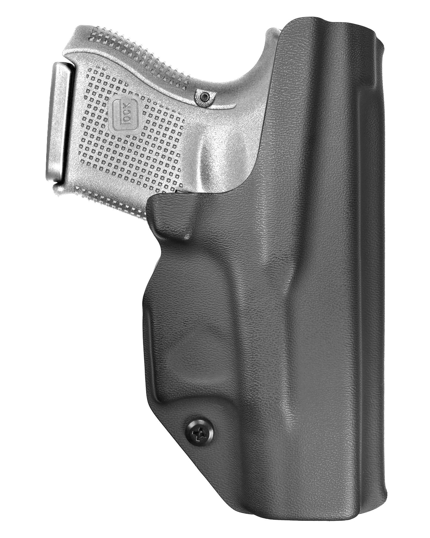 Coldre Kydex Cobra para Glock G26, porte interno (IWB), mao canhoto, cor preto, traseira.